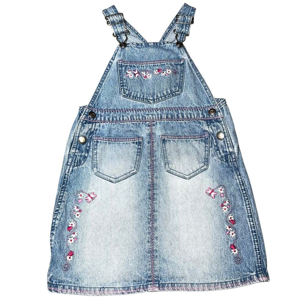 Vintage Disney Kids Denim overall embroidered floral dress girls size 4/5